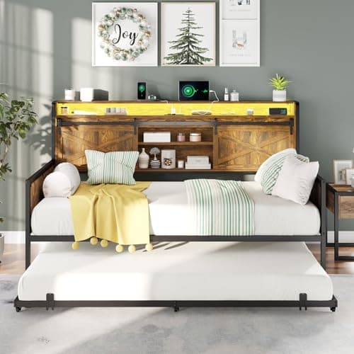 AMERLIFE Rustic Brown Twin Daybed with Trundle, Sliding Barn Door Headboard & Charging Station