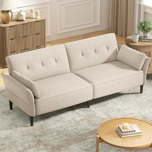 Modern 89 Velvet Futon Sofa Bed with Pillows - Beige Color