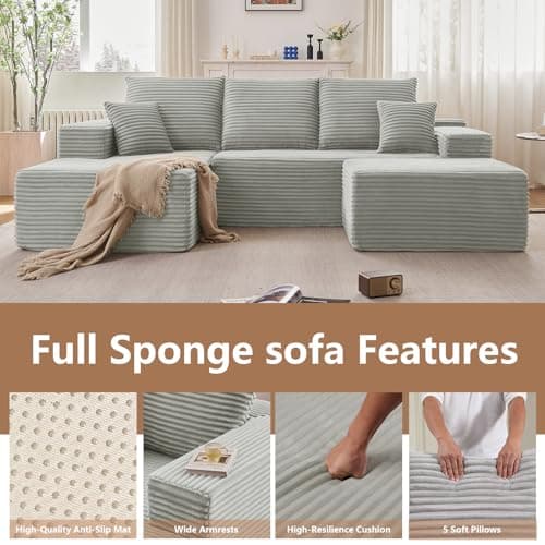 107" Grey Left-Facing Modular U-Shaped Couch with Chaise, No Assembly Required