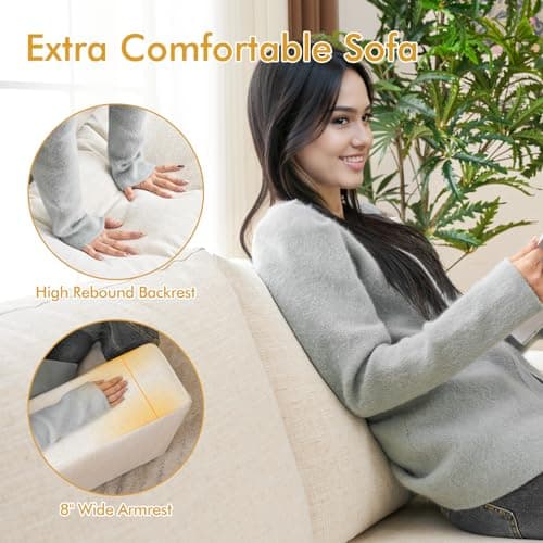 ELUCHANG 85" Natural Linen 3 Seater Deep Seat Sofa, Comfy for Small Spaces