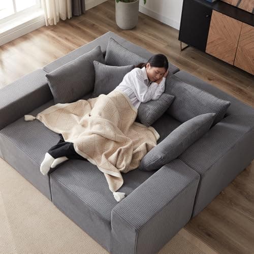 Modern Grey L-Shaped Cloud Flannel Sectional Couch, 4-Seater Modular Lounge