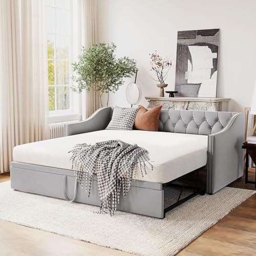 Extendable Velvet Upholstered Daybed with Pop-Up Trundle, Pink Bed Frame (Twin to King)