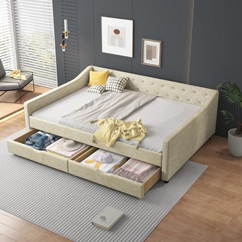 Light Grey Twin Daybed with Trundle and Button Tufted Upholstery