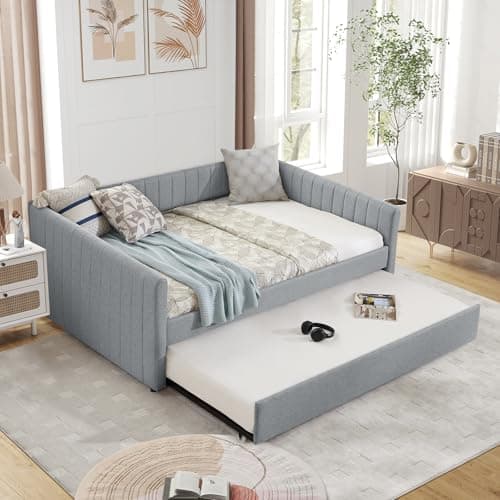 Antetek Full Size Linen Daybed with Twin Trundle, Grey