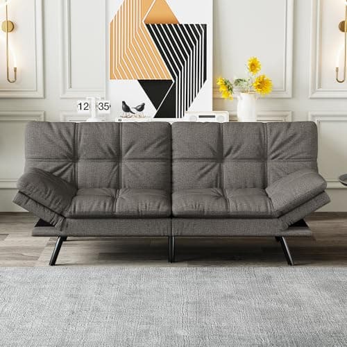 Black Faux Leather Futon Sofa Bed with Memory Foam & Adjustable Backrest