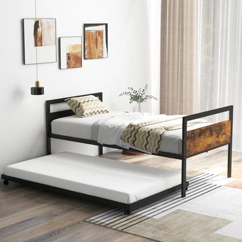 Giantex Rustic Brown Metal Day Bed with Trundle Support