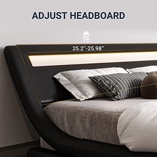 Allewie King Size LED Platform Bed with Adjustable Headboard & Faux Leather
