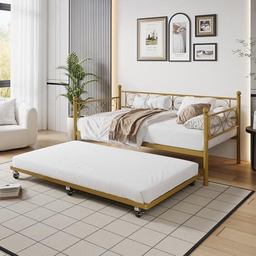 IDEALHOUSE Gold Twin Daybed with Trundle for Living Room and Guest Room
| Heavy Duty Metal IDEALHOUSE Gold Twin Daybed with Trundle for Space Saving Sleep in Bedroom
| IDEALHOUSE Gold Metal Trundle Bed Daybed Frame for Living Room and Bedroom