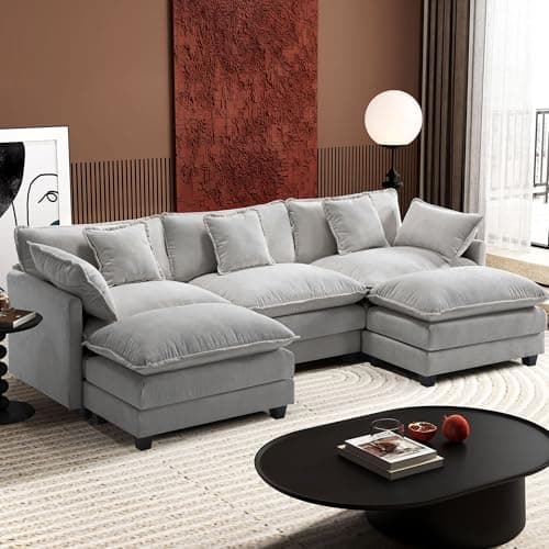 Ihanherry 6-Seat Beige Modular U-Shaped Sofa with Ottomans for Living Room
