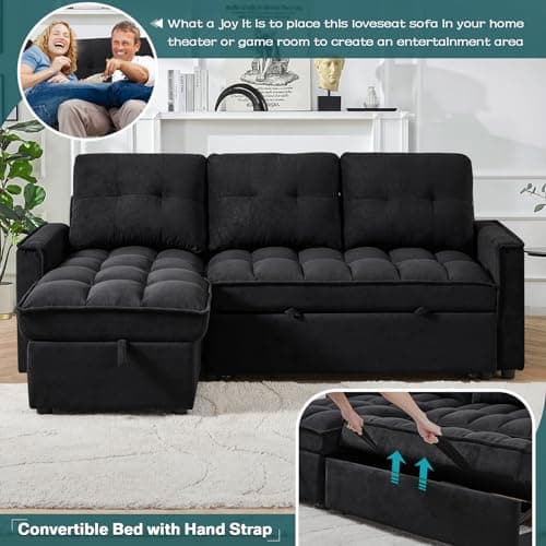 Reversible L-Shaped Sleeper Sofa Couch, Black with Storage & USB Ports