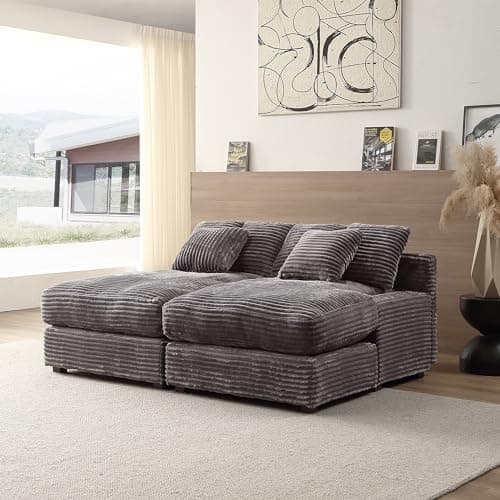 Oversized Grey Corduroy Chaise Lounge with 6 Pillows for Living Room and Bedroom