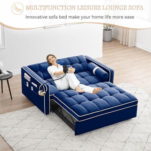 Antetek 3-in-1 Sleeper Sofa with Phone Holder, Blue Velvet Backrest