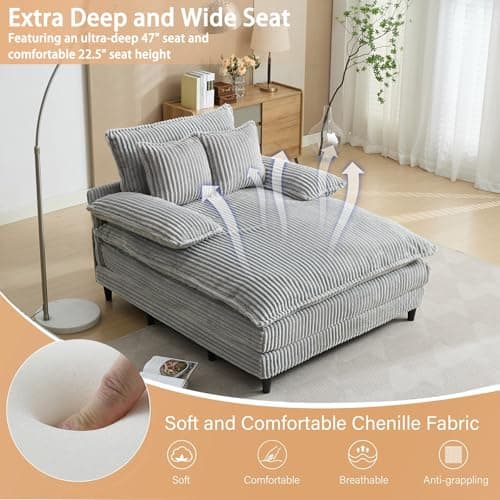 55” Grey Corduroy Comfort Chaise Lounge with 3 Throw Pillows (4-Position Adjust)