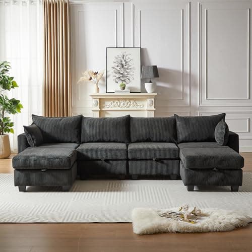 Antetek U-Shaped Sleeper Sofa Bed with Storage Ottoman, 6-Seat Corduroy Couch
