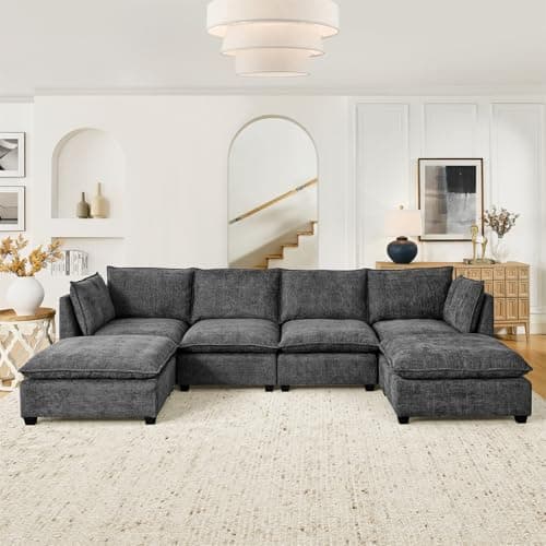 Oversized Chesterfield U-Shaped Couch with Ottomans & Chaise, 6 Seat, Blue Linen Fabric
