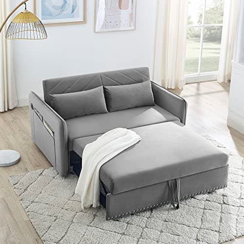 Modern Velvet 3-in-1 Sleeper Sofa Bed Love Seat with Reclining Backrest, Pillows, Pockets for Living Room Apartment