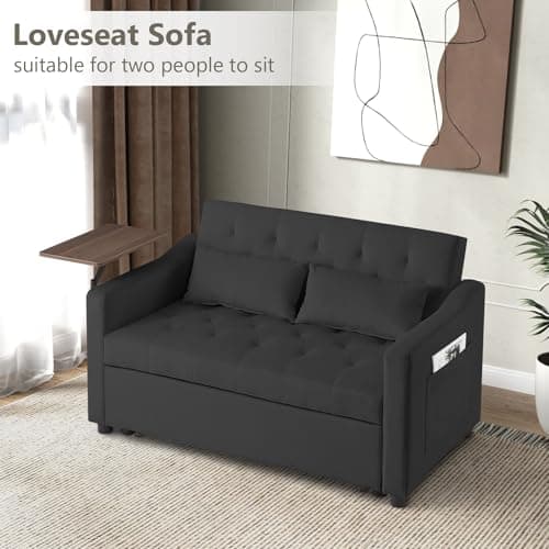 3-in-1 Loveseat Sleeper with 360° Rotating Table, Black