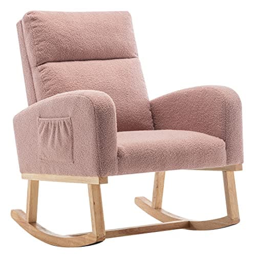 Sherpa Nursing Rocking Chair, Upholstered Glider with Side Pocket, Light Grey