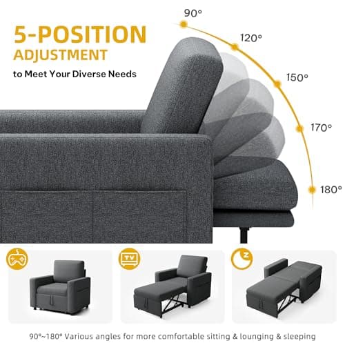 YITAHOME 3-in-1 Convertible Sofa Chair Bed, Grey Linen Recliner