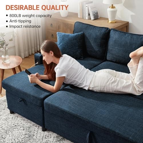 DURASPACE Blue Linen L-Shaped Sofa Bed with Storage Chaise