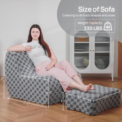 Cement Gray Bean Bag Chair with Footstool, Modern Lazy Sofa for Adults