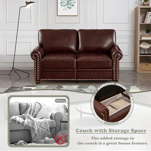 Comfy PU Leather Sofa with Storage Space & Solid Bun Feet, Small Modern Loveseat for Living Room Small Space, Bedroom, Red Brown