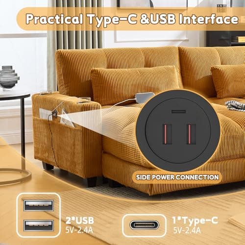 Yellow 91-inch Tufted Loveseat Sleeper Sofa with USB Ports & Cup Holders