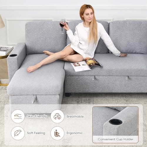 Antetek Reversible L-Shaped Sofa Bed with Storage and Pull-Out Bed for Small Spaces, Light Grey