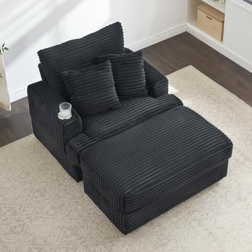Modern Pink Corduroy Chaise Lounge Chair with Cup Holder