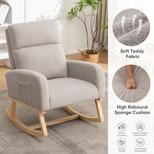 Sherpa Nursing Rocking Chair, Upholstered Glider with Side Pocket, Light Grey