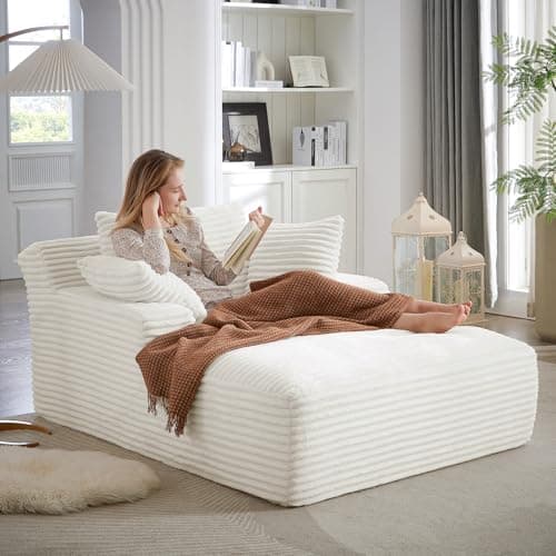 Oversized Chaise Lounge Chair, 50"W Corduroy Couch, Comfy Pillows, Modern Livingroom/Bedroom, White