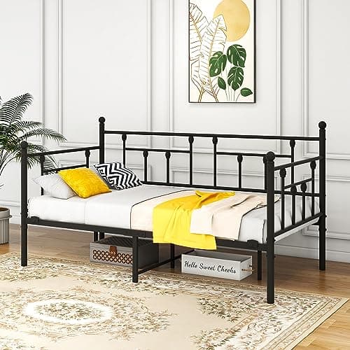 Black Metal Daybed Frame with Steel Slats, Twin Size Mattress Base