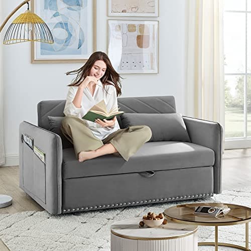 Modern Velvet Sleeper Sofa Bed with USB Port for Small Spaces in Grey