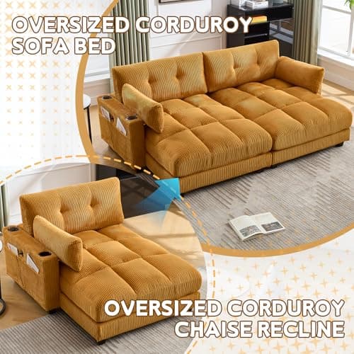 Antetek 44-inch Corduroy Tufted Chaise Lounge with USB Ports & Cup Holders, Yellow