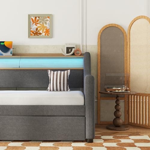 TwinSize Daybed with Charging Station & LED Lights, Gary's Slat Support Snooze Sofa