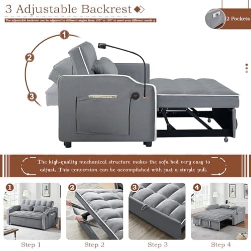 Light Grey Convertible Velvet Pull Out Sofa Bed with Phone Holder