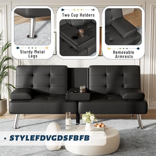 Furmax Adjustable Futon Couch Bed, PU Leather Black for Living Room