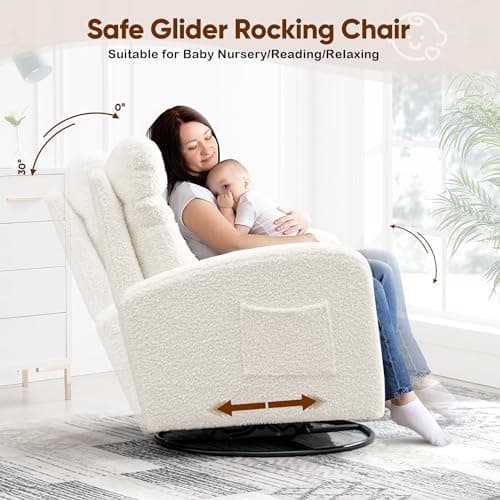 360° Swivel Glider Chair, Modern Ergonomic Boucle Upholstered Rocker with Side Pocket, Cream White