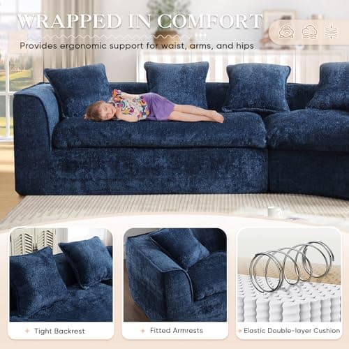 Oversized Curved Corner Sofa, 3 Seater Modern Blue Couch with 5 Throw Pillows