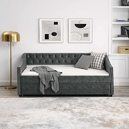 Antetek Grey Twin Size Daybed with Trundle and Modern Velvet Upholstery