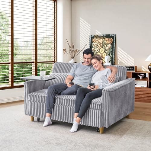 Antetek 3-in-1 Corduroy Convertible Sofa Bed, Gray with Movable Table & USB Ports