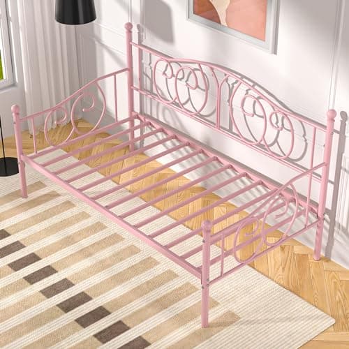 VECELO Pink Twin Multifunctional Metal Daybed Mattress Frame