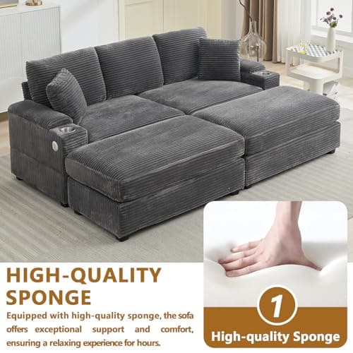 Oversized Grey Corduroy Chaise Lounge with Storage & 2 Pillows, 2 Ottomans, Cup Holder & USB Port