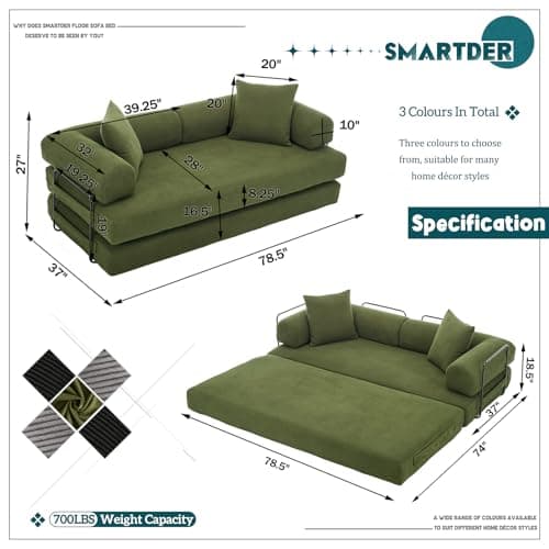3-Seater Convertible Sofa Bed with Removable Backrest, King Size Green Corduroy for Living Room/Dorm