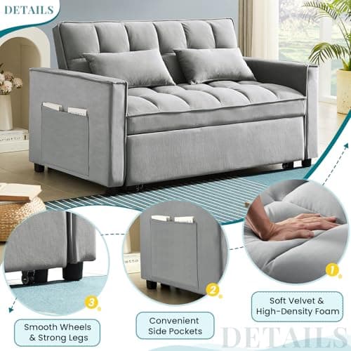 Antetek 3-in-1 Modern Velvet Sleeper Sofa Bed with Reclining Backrest and Pillows - Grey