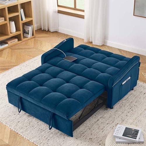 Modern 3-in-1 Sleeper Sofa with USB & Type C Port, 52 Small Velvet Loveseat Bed for Small Spaces - Blue