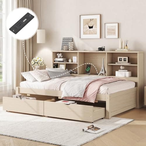 Full Size L-Shaped Floor Bed with Storage, Charging Station, & LED Headboard