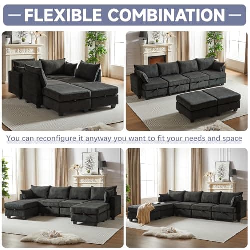 Antetek U-Shaped Sleeper Sofa Bed with Storage Ottoman, 6-Seat Corduroy Couch