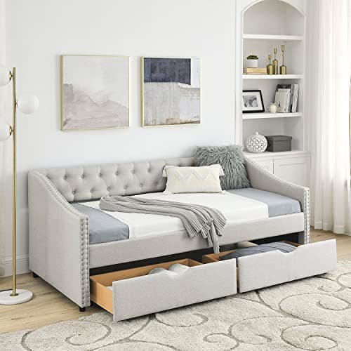 Modern Linen Upholstered Daybed with Drawers - Twin Size, Beige