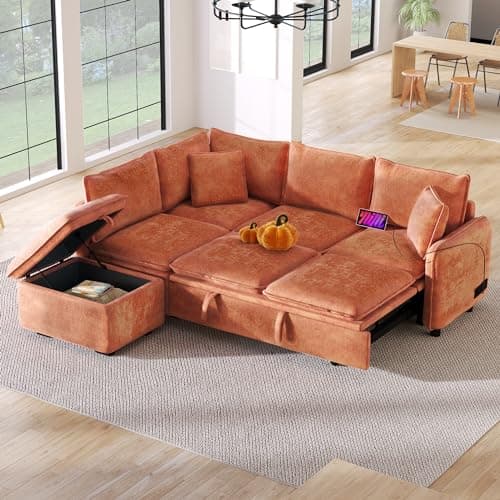 Eafurn Reversible Corduroy L-Shaped Sleeper Sectional With Chaise, USB Ports, Living Room Sofa Bed